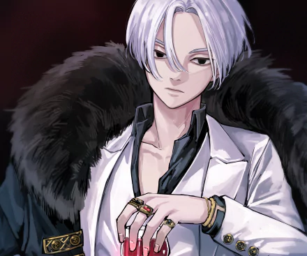 HD PC desktop wallpaper of Mikey Manjiro Sano from the anime Tokyo Revengers, featuring his distinctive white hair and stylish white suit with a black fur collar.