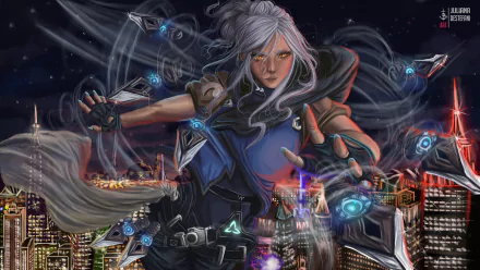 Jett from Valorant in dynamic action, surrounded by glowing kunai, set against a vibrant cityscape in this 8K Ultra HD PC desktop wallpaper.