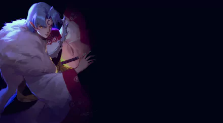 Sesshōmaru (InuYasha) anime portrait — regal, fur-cloaked with crescent forehead, blue-tinted lighting left and dark negative space right; 2K Quad HD PC wallpaper.