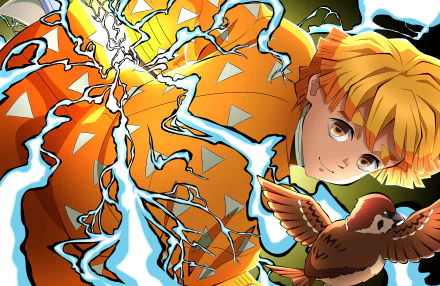 4K Ultra HD PC wallpaper featuring Zenitsu Agatsuma from the anime Demon Slayer: Kimetsu no Yaiba, depicted with electric lightning effects and holding a small bird.