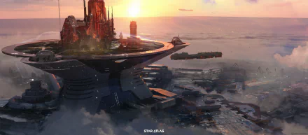 HD desktop wallpaper featuring a futuristic Star Atlas spaceport at sunset with ships and structures.