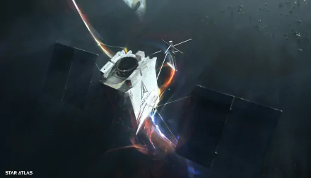 HD wallpaper of a Star Atlas spaceship in dynamic space scene for desktop background.