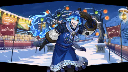 HD PC desktop wallpaper of Idia Shroud (Twisted Wonderland): blue-haired mage in a winter outfit grinning as he conjures blue flames before snow-covered festival stalls under a starry sky.