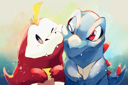 A vibrant desktop wallpaper featuring Totodile and Fuecoco from Pokémon: Scarlet And Violet, two cute starter Pokémon in a colorful video game setting.