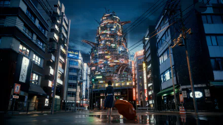 Futuristic city street at night with neon-lit skyscraper as HD desktop wallpaper and background.