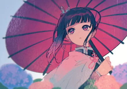 HD desktop wallpaper featuring Kanao Tsuyuri from the anime Demon Slayer: Kimetsu no Yaiba holding a red umbrella with a serene expression.