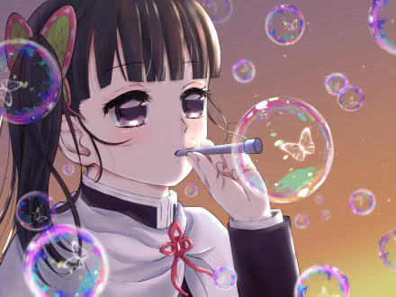 HD PC desktop wallpaper of Kanao Tsuyuri (Anime, Demon Slayer: Kimetsu no Yaiba) — close-up portrait as she gently blows iridescent soap bubbles against a warm gradient background.