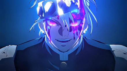 HD wallpaper featuring Tengen Uzui from the anime Demon Slayer: Kimetsu no Yaiba, showcasing his intense expression with radiant colors and intricate details.