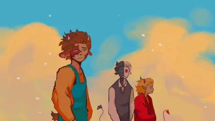 HD PC desktop wallpaper featuring animated versions of Dream SMP YouTubers Tubbo, TommyInnit, and Ranboo against a vibrant sky background.