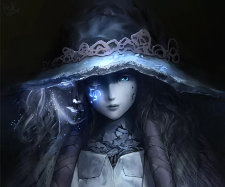 HD desktop wallpaper featuring Ranni the Witch from the video game Elden Ring, showcasing a mystical, ethereal design with intricate details and captivating blue hues.