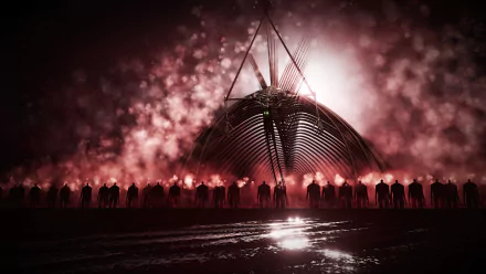 The Rumbling scene from Attack on Titan features the towering Founding Titan amidst a fiery, apocalyptic backdrop in 4K Ultra HD anime style.