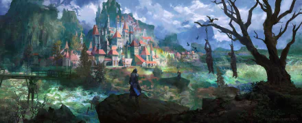 HD PC desktop wallpaper featuring a detailed fantasy landscape from the video game Elden Ring, showcasing a distant castle, rugged terrain, and atmospheric skies.