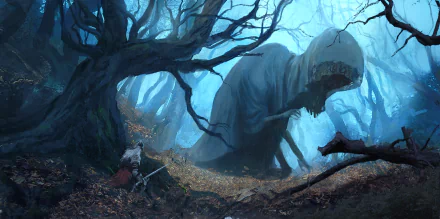 A Tarnished warrior from Elden Ring stands ready with a sword in a dark, eerie forest, captured in stunning 4K Ultra HD for a video game desktop wallpaper.