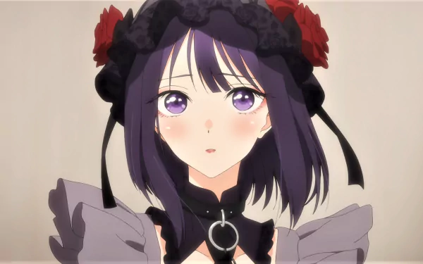 HD wallpaper featuring Marin Kitagawa from the anime My Dress-Up Darling, wearing a gothic outfit with red-rose accents and a choker.