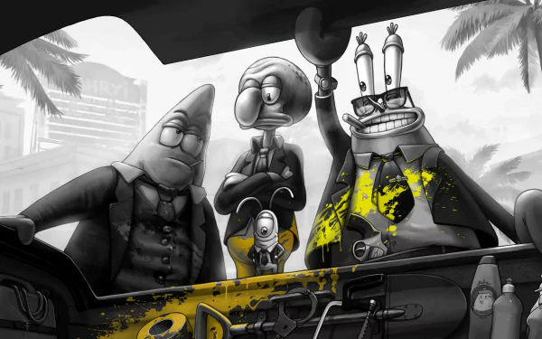 Black-and-white HD desktop wallpaper featuring SpongeBob SquarePants characters Mr. Krabs, Patrick Star, and Squidward in a stylish, urban setting.