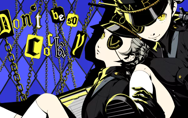 HD desktop wallpaper featuring Justine and Caroline, twin characters from Persona 5 Royal, with the phrase Don't be so Cocky displayed in bold text.