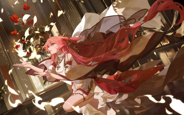 HD desktop wallpaper featuring Yae Miko Guuji from Genshin Impact. The character is depicted elegantly with flowing garments and vibrant colors, surrounded by mystical elements, exuding a magical ambiance.