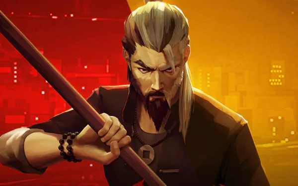 HD PC desktop wallpaper featuring a focused martial artist from the video game Sifu, set against a vibrant red and orange urban background.