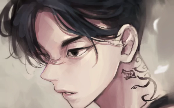 HD anime desktop wallpaper featuring a detailed close-up of Mikey Manjiro Sano from Tokyo Revengers, showcasing his intense expression and signature neck tattoo.