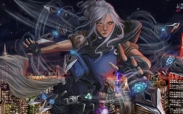 Jett from Valorant in dynamic action, surrounded by glowing kunai, set against a vibrant cityscape in this 8K Ultra HD PC desktop wallpaper.