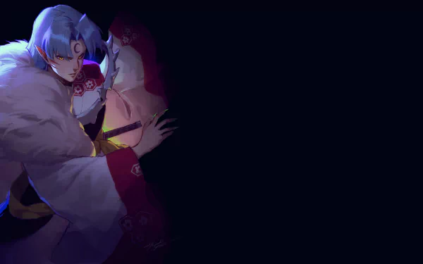 Sesshōmaru (InuYasha) anime portrait — regal, fur-cloaked with crescent forehead, blue-tinted lighting left and dark negative space right; 2K Quad HD PC wallpaper.