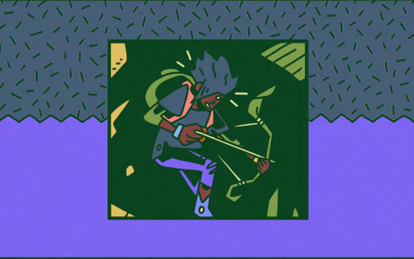 Stylized illustration of a character from the game Grounded, depicted in action, as an HD desktop wallpaper and background with a vibrant purple border.