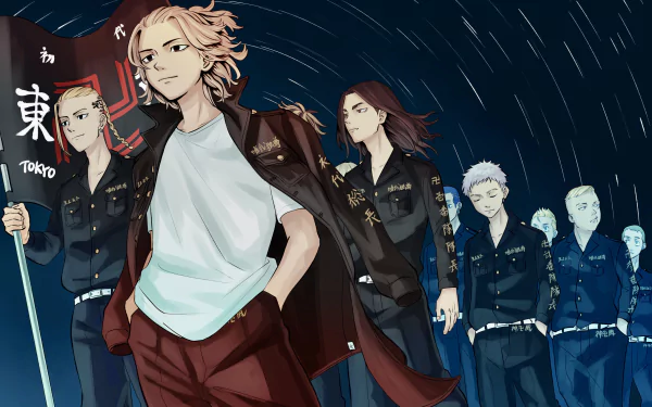 HD anime desktop wallpaper featuring Haruchiyo Sanzu, Kazutora Hanemiya, Keisuke Baji, Chifuyu Matsuno, Mikey Manjiro Sano, and Takemichi Hanagaki from Tokyo Revengers.