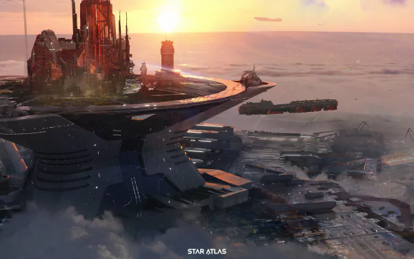 HD desktop wallpaper featuring a futuristic Star Atlas spaceport at sunset with ships and structures.