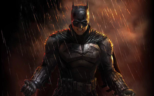 HD PC desktop wallpaper featuring Batman from the DC Comics movie The Batman, standing in the rain with an intense and dark atmosphere.