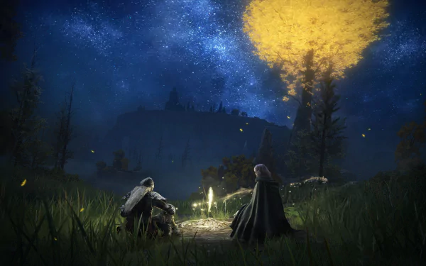 HD PC desktop wallpaper featuring Melina from the video game Elden Ring under a starry sky, illuminated by a glowing golden tree in a peaceful nighttime landscape.