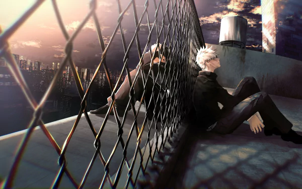 HD anime wallpaper featuring Suguru Geto and Satoru Gojo from Jujutsu Kaisen sitting against a rooftop fence at sunset.
