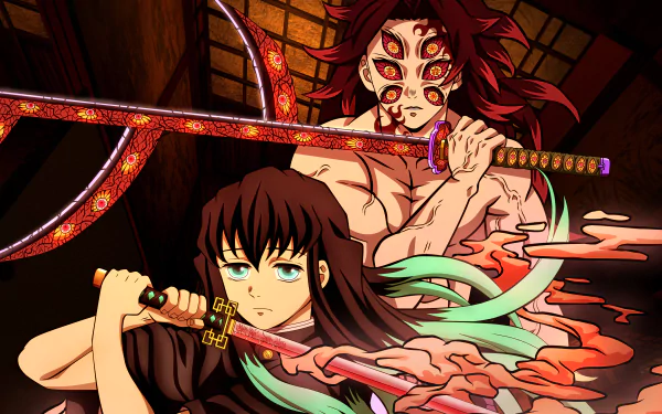 4K Ultra HD anime wallpaper featuring Kokushibo and Muichiro Tokito from Demon Slayer: Kimetsu no Yaiba, showcasing intense character detail and vibrant colors.