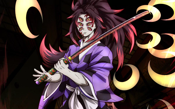 Kokushibo from Demon Slayer: Kimetsu no Yaiba wields a katana, set against a dark background with glowing crescent shapes in this 4K Ultra HD anime desktop wallpaper.