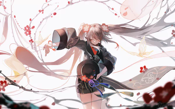 Hu Tao from the video game Genshin Impact is depicted in this HD desktop wallpaper, featuring her in a dynamic pose with swirling elements and blossoms in the background.