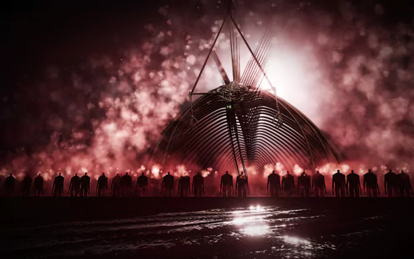The Rumbling scene from Attack on Titan features the towering Founding Titan amidst a fiery, apocalyptic backdrop in 4K Ultra HD anime style.