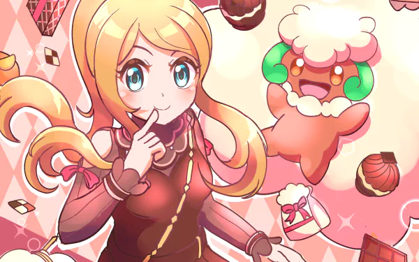 HD desktop wallpaper featuring Serena from Pokémon X and Y alongside the Pokémon Whimsicott, surrounded by sweets in a playful, vibrant style.