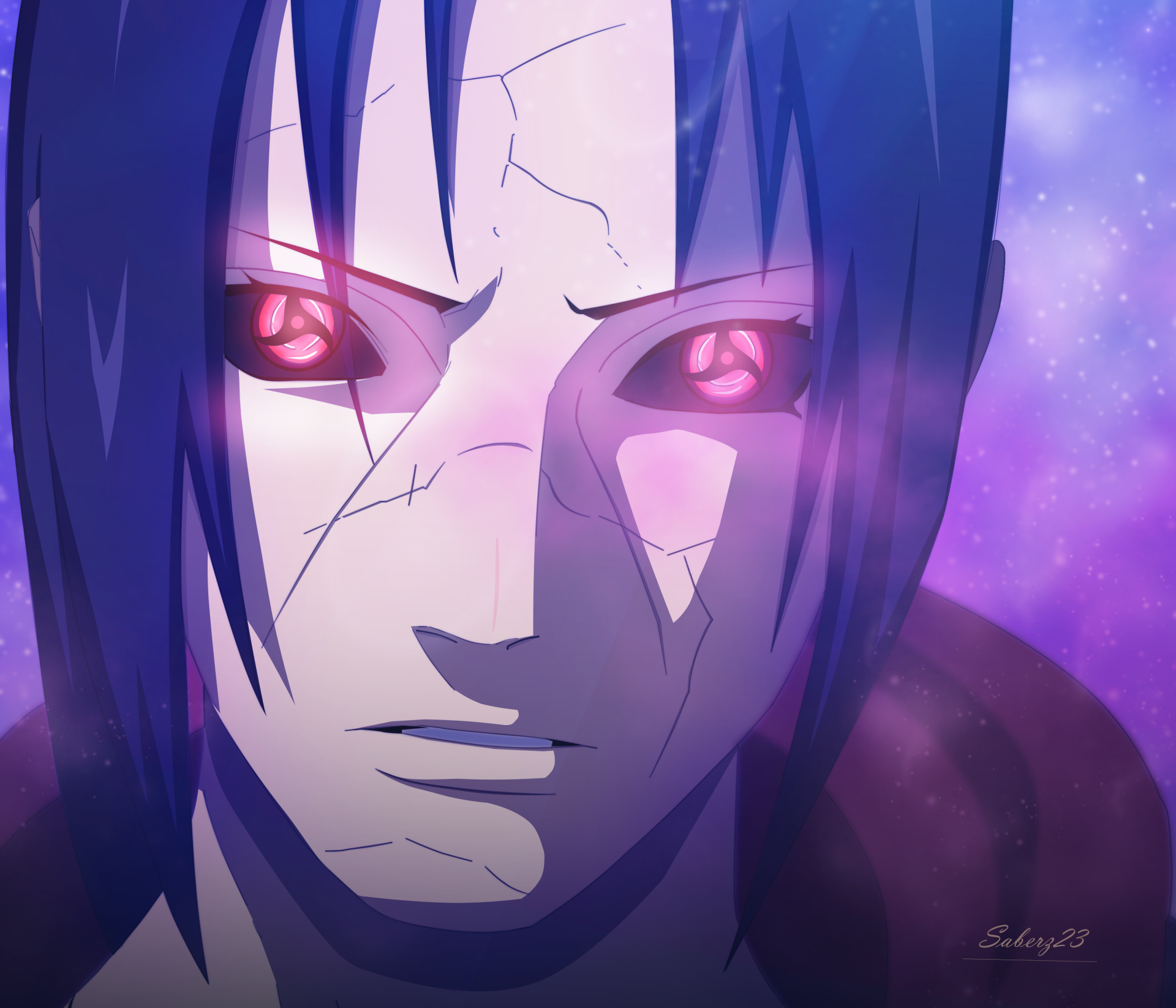 HD anime desktop wallpaper featuring Itachi Uchiha from Naruto with glowing red Sharingan eyes set against a purple-hued background.