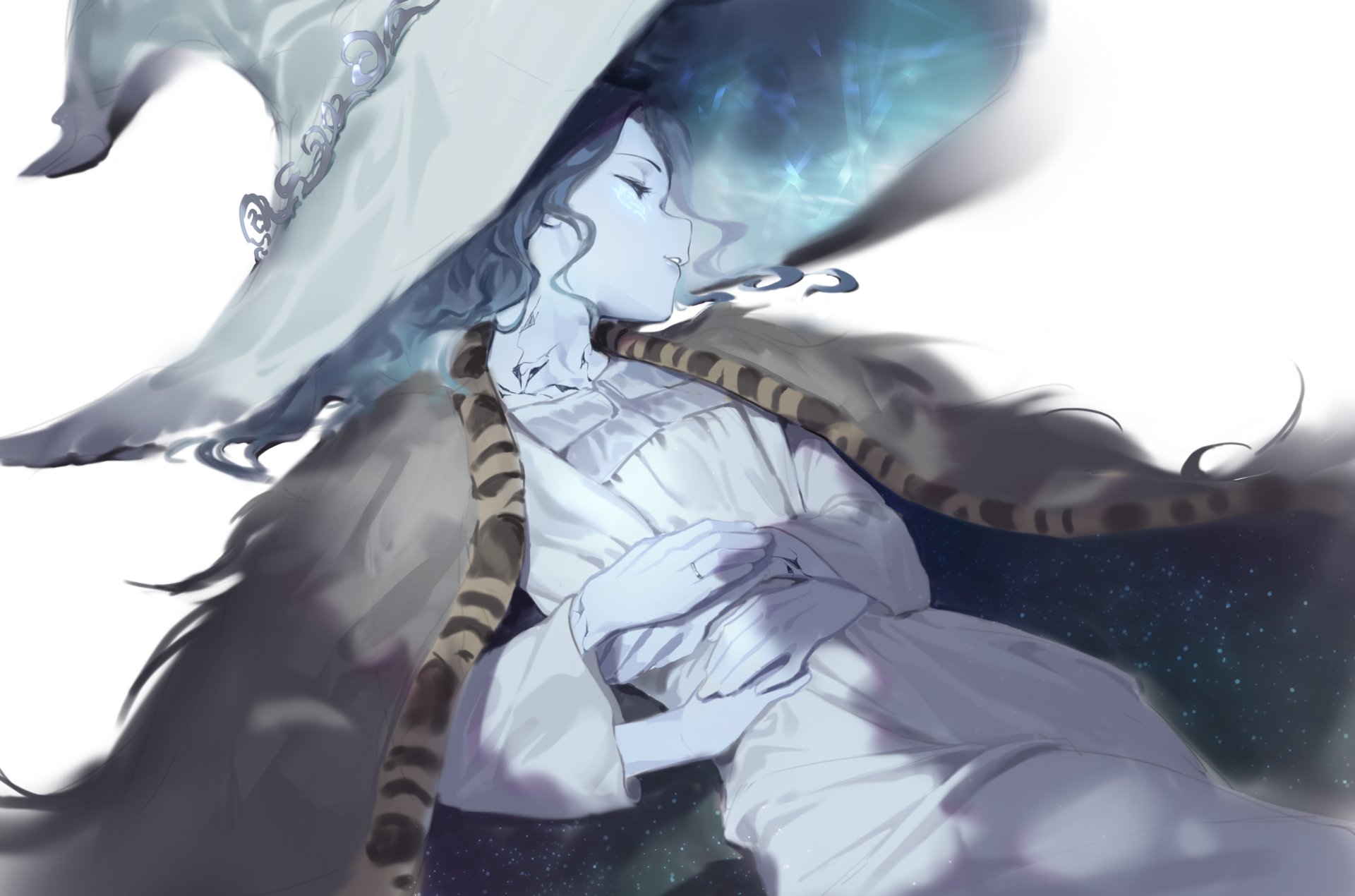 Ranni the Witch from Elden Ring reclining beneath a starry blue sky, wide-brimmed hat and flowing cloak, eyes closed — 2K Quad HD PC wallpaper of the video game character.