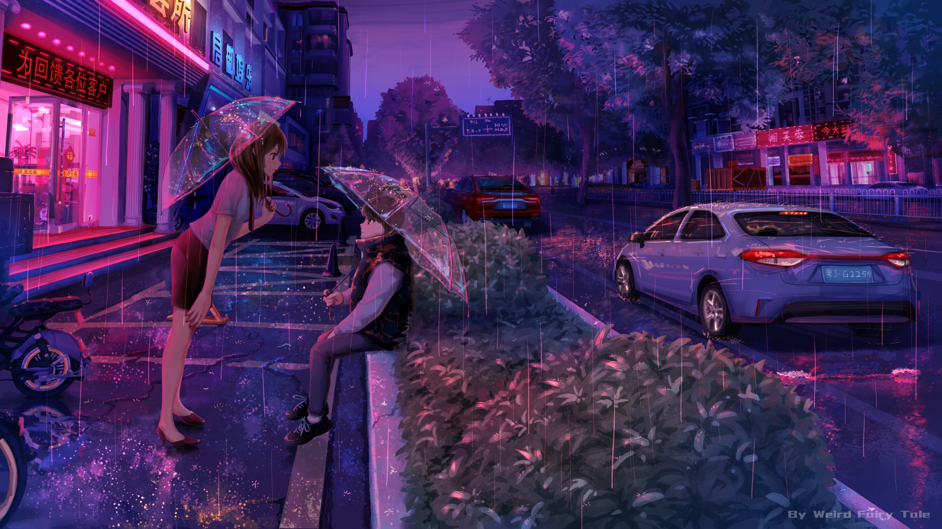 Download Car Shop Night Umbrella Anime Rain Anime Car Anime Night Rain Anime 4k Ultra HD Wallpaper by 诡异童话