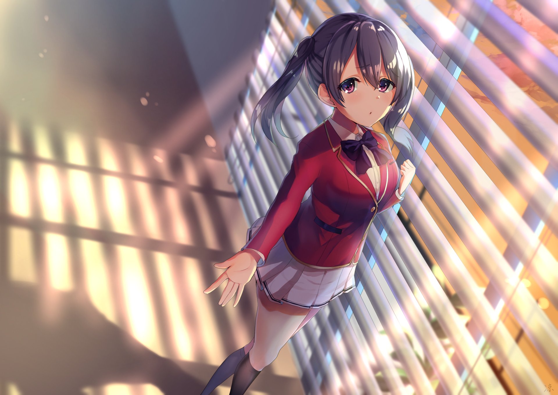 Mei-Yu Wang from Classroom of the Elite in anime style, reaching out in a sunlit classroom — 2K Quad HD PC wallpaper