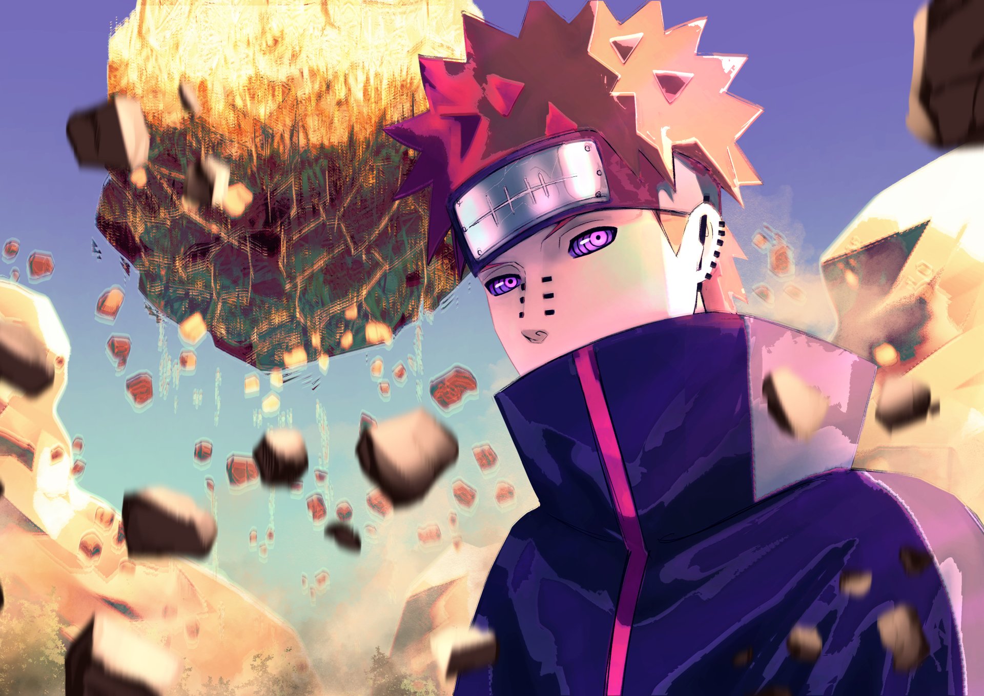 Pain (Naruto) close-up with Rinnegan eyes and facial piercings, Akatsuki cloak, floating rocks against a fiery sky — 4K Ultra HD anime PC desktop wallpaper.