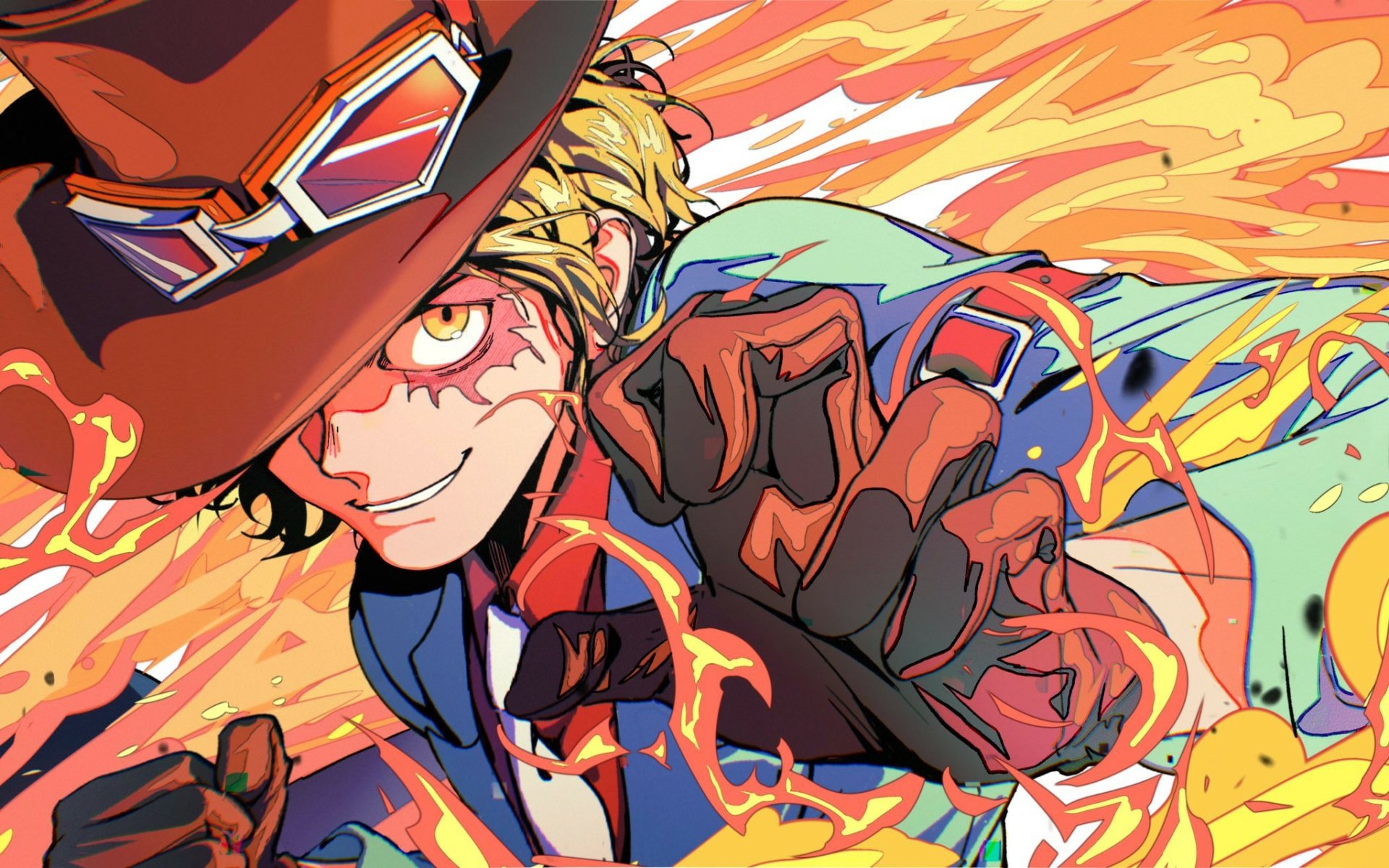 HD PC desktop wallpaper featuring Sabo from the anime One Piece, depicted dynamically with vibrant flames and intense expression.