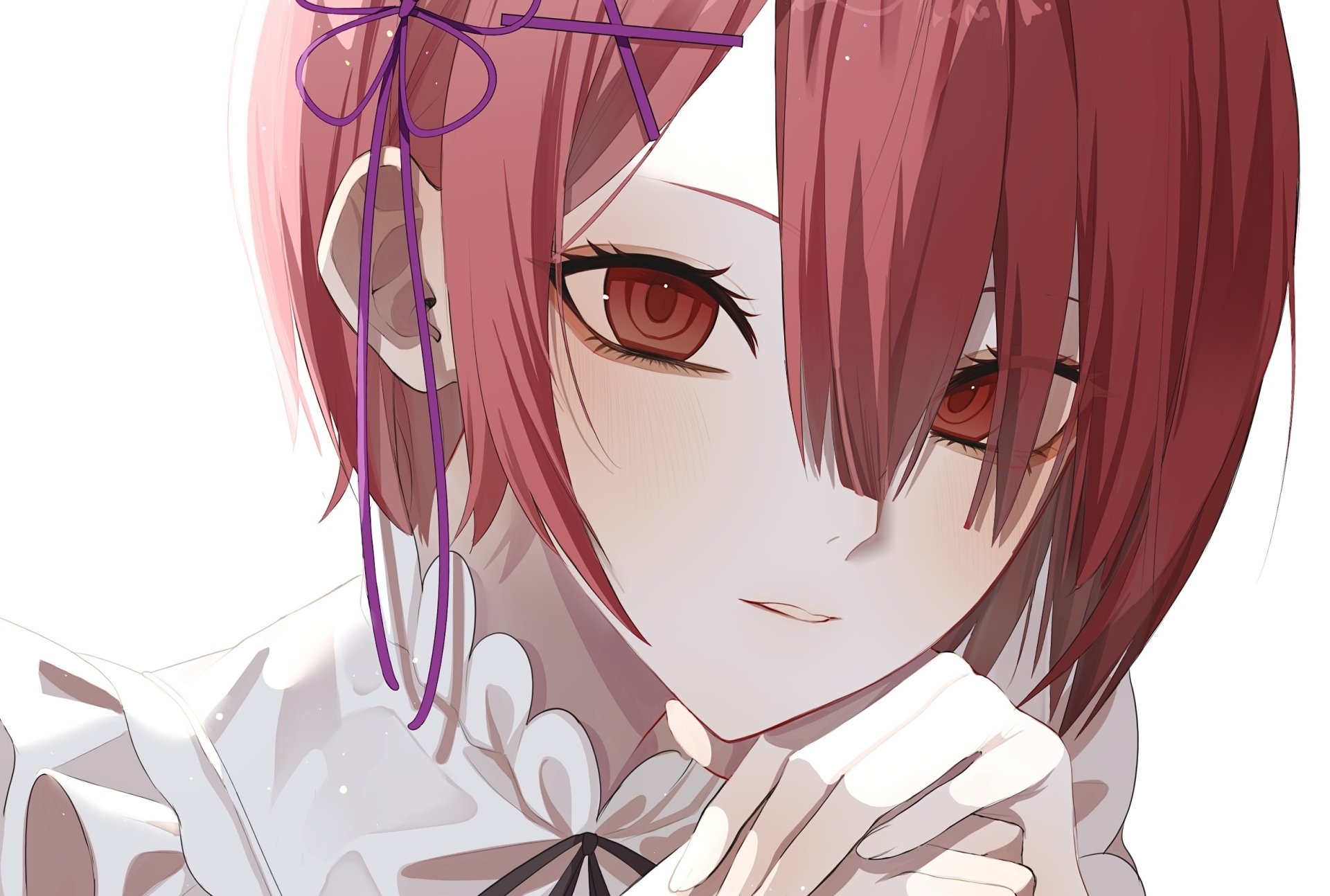 HD PC desktop wallpaper of Ram from Re:Zero - Starting Life in Another World: close-up anime portrait with red hair, crimson eyes, white frilled maid outfit and purple ribbon