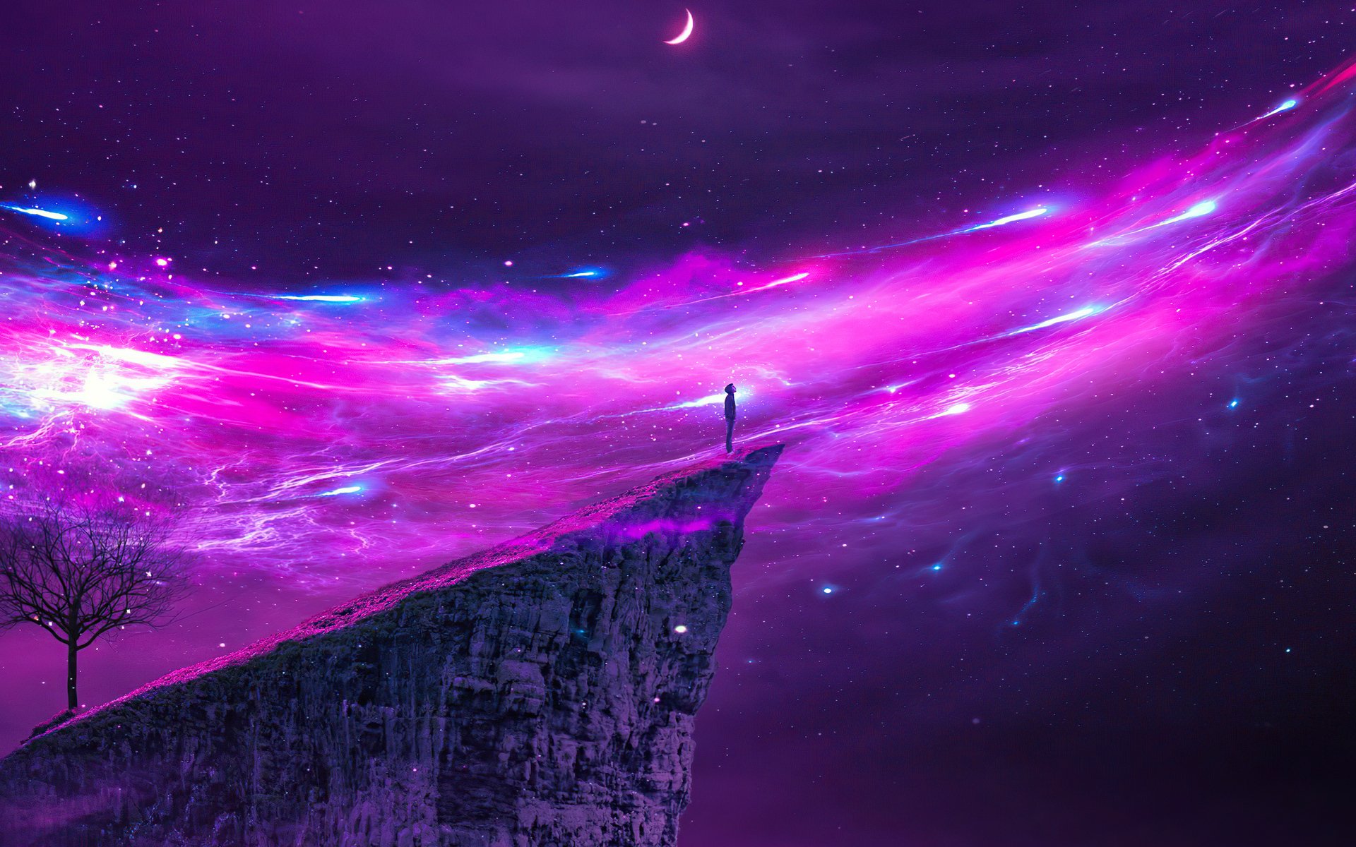 HD desktop wallpaper of a man standing alone at the edge of a cliff beneath a glowing purple and pink cosmic sky with a crescent moon.