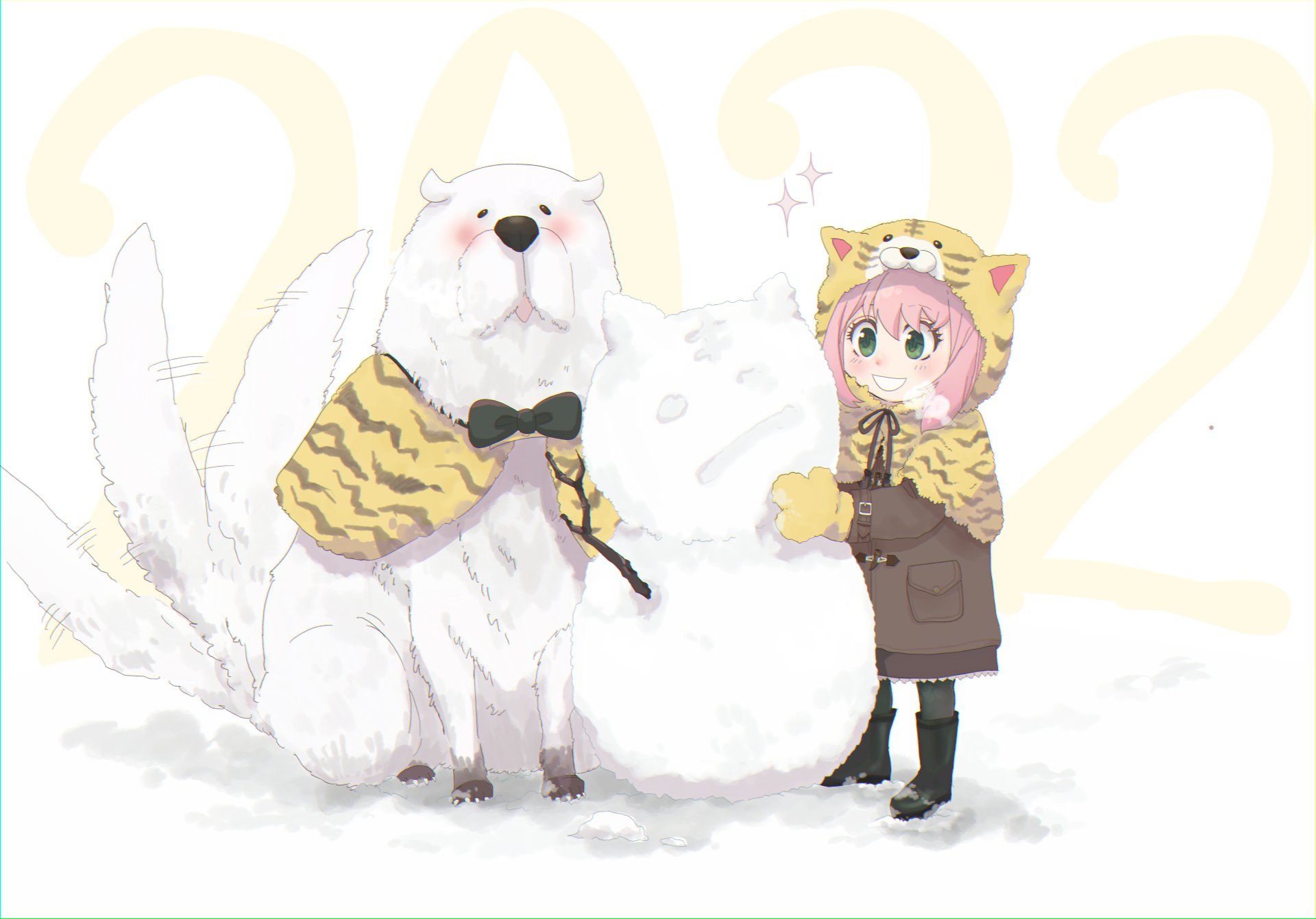 Anime-style 8K Ultra HD wallpaper featuring Anya Forger from Spy x Family standing next to Bond, both wearing matching tiger-patterned capes and hoods.