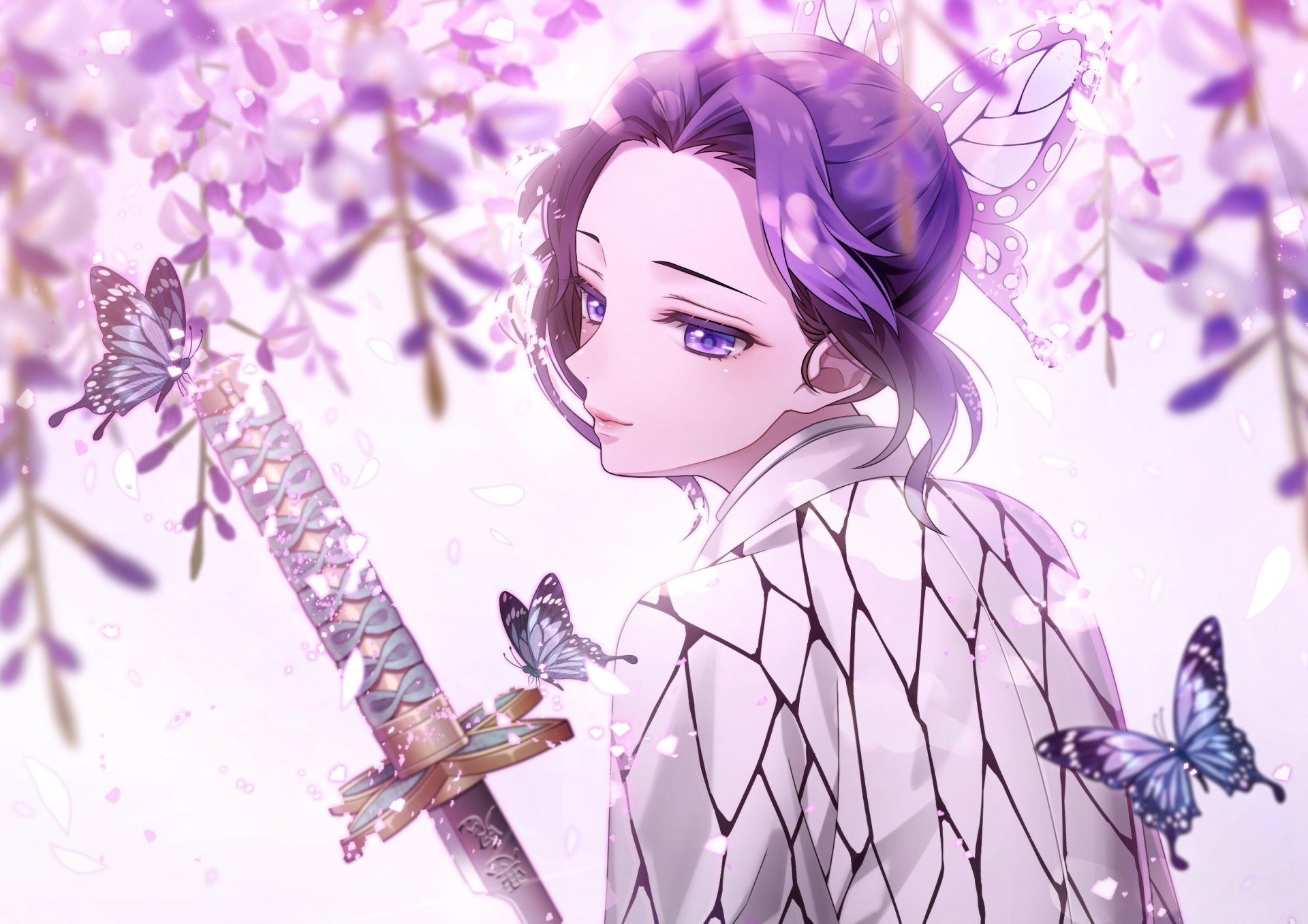 HD anime desktop wallpaper featuring Shinobu Kochou from Demon Slayer: Kimetsu no Yaiba, surrounded by butterflies and soft pink wisteria blossoms.