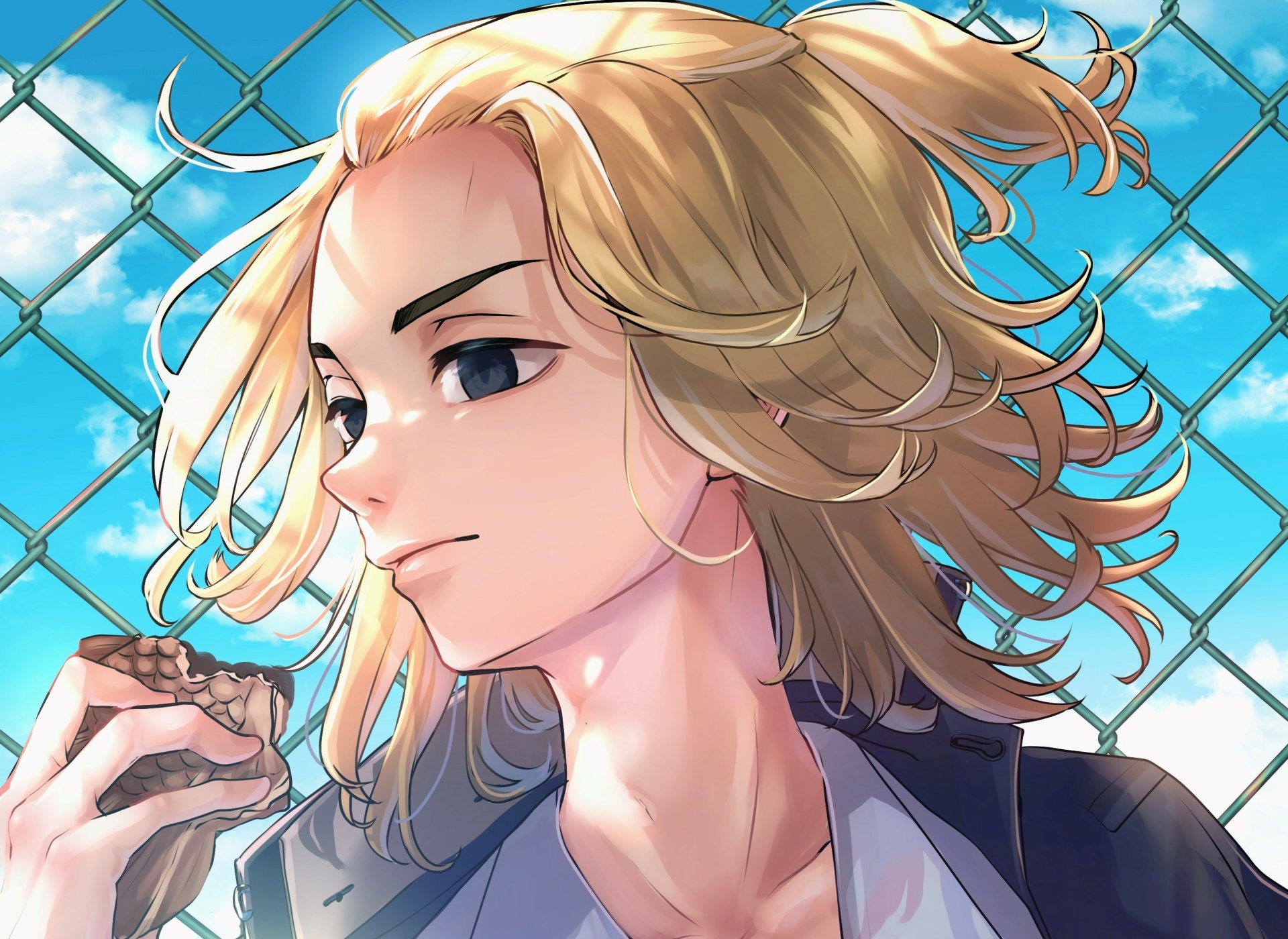 HD PC desktop wallpaper featuring Mikey Manjiro Sano from the anime Tokyo Revengers with a serene sky background and detailed character illustration.