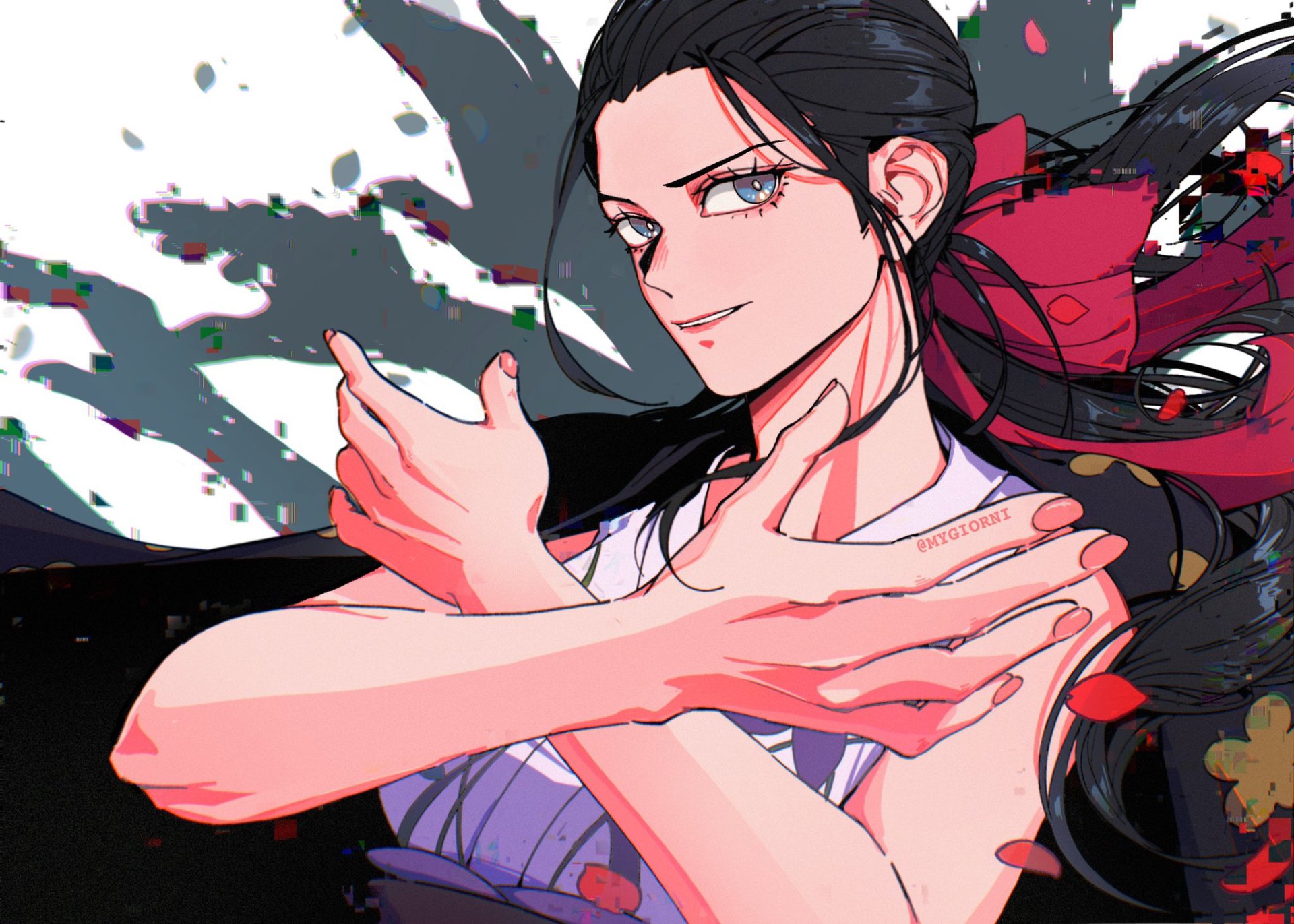 HD anime desktop wallpaper featuring Nico Robin from One Piece with her hands crossed, set against a dynamic, abstract background.