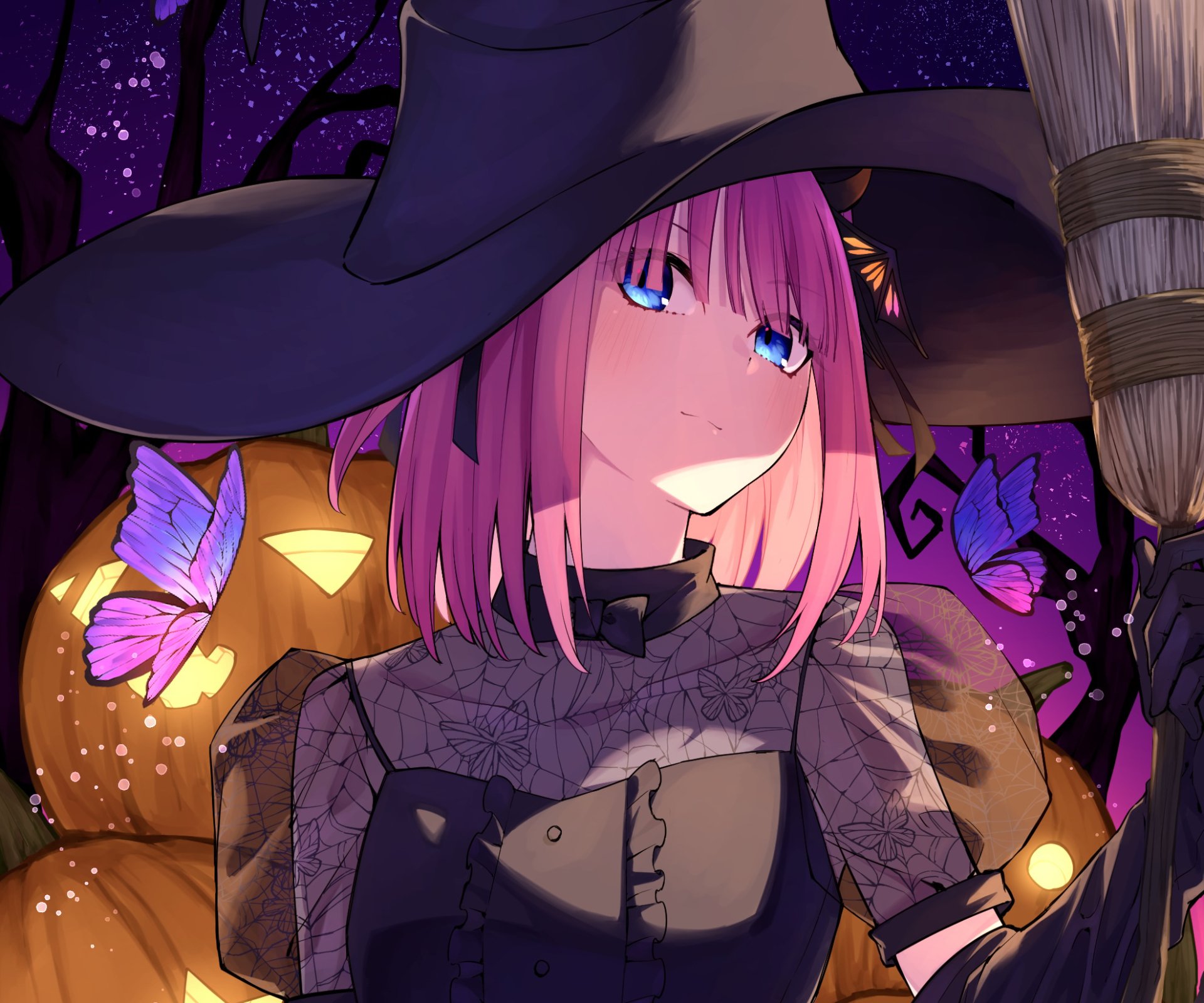HD PC desktop wallpaper/background: Nino Nakano (The Quintessential Quintuplets) in a witch hat, purple-orange anime scene with glowing pumpkins and fluttering butterflies.