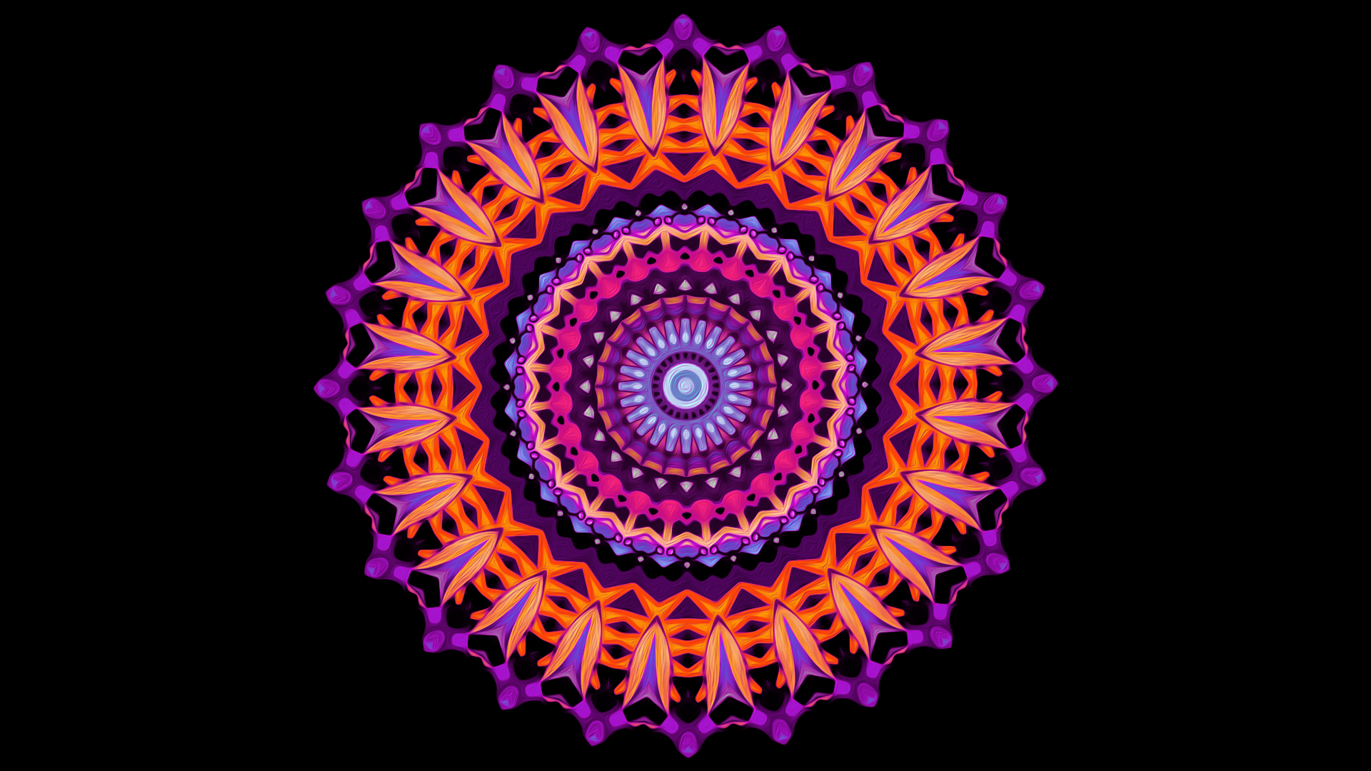 Abstract kaleidoscope mandala in vivid purple, orange and pink on black — HD PC desktop wallpaper and background.